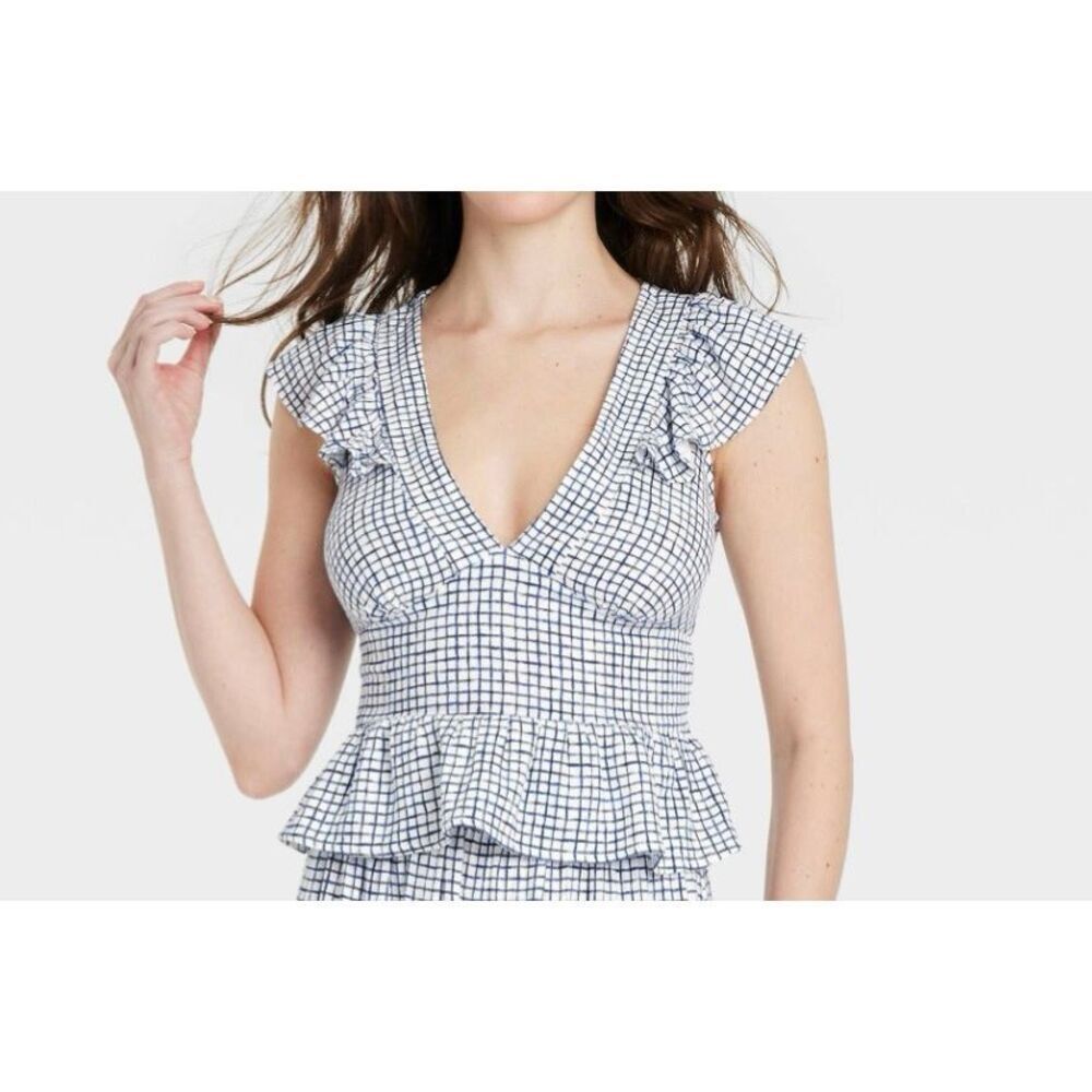 Universal Thread Blue Check Ruffle Peplum Top Small